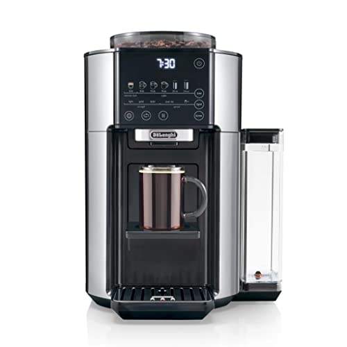De'Longhi TrueBrew Drip Coffee Maker, Built in Grinder, Single Serve, 8 oz to 24 oz with 40 oz Carafe, Hot or Iced Coffee, Stainless,CAM51035M, Silver/Black