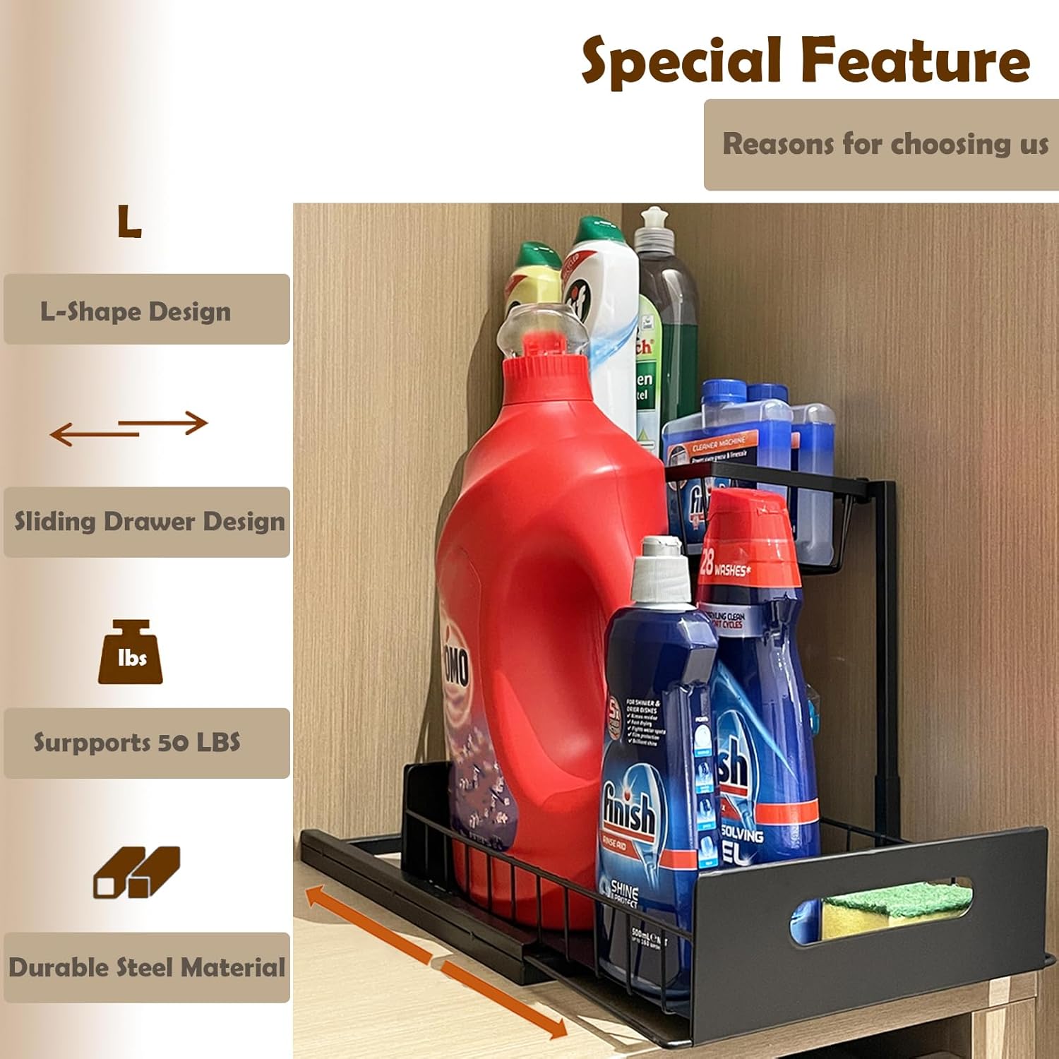 Under Sink Organizer 2 Tier Pull Out Sliding Shelf L-Shape Metal Storage L6918