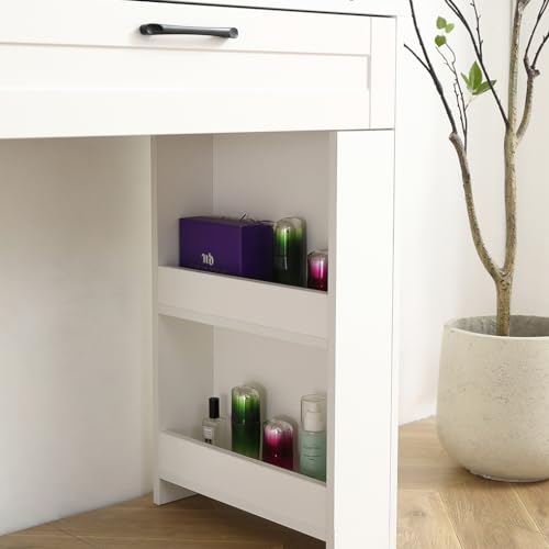 White Vanity Desk with Mirror and Cushioned Stool I65540