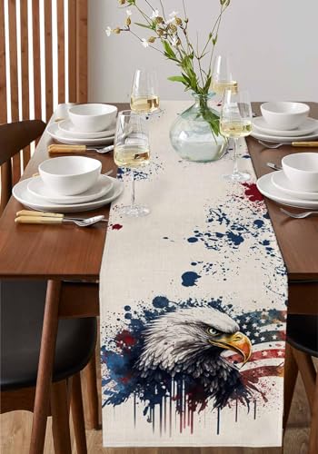 Cotton and Linen Table Runner 13 x 90 Inches, USA Flag Watercolor Style U630