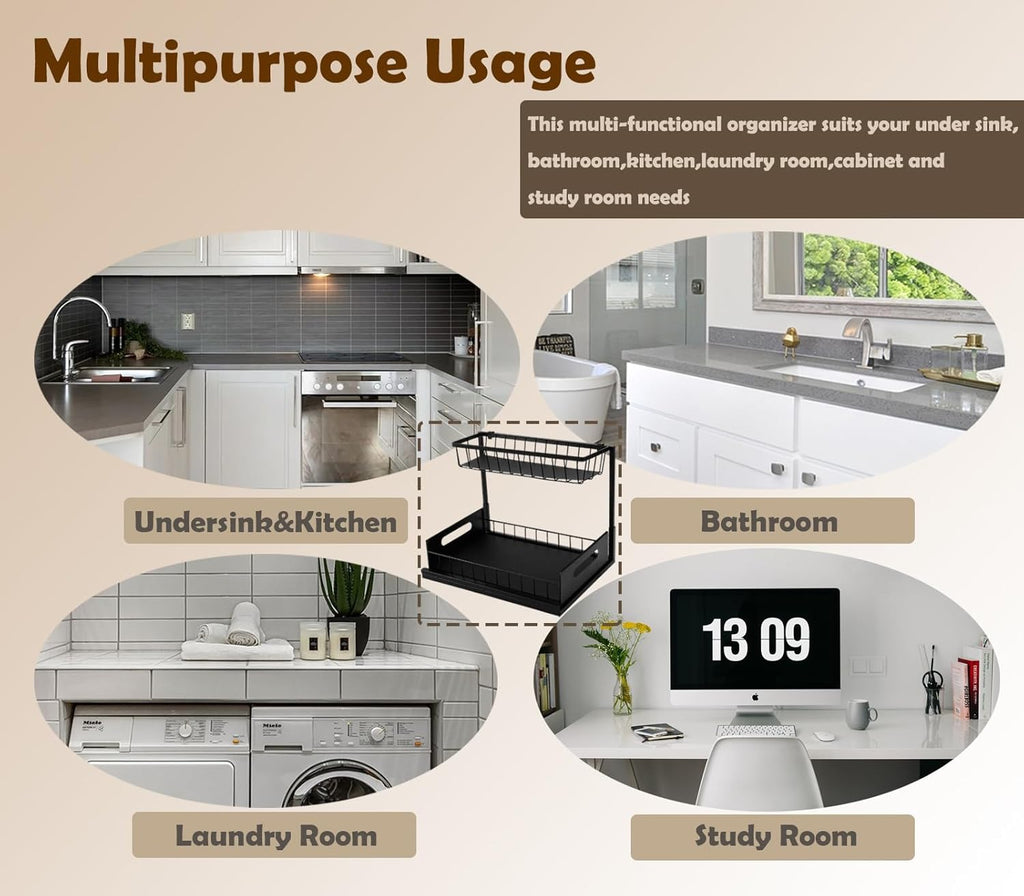 Under Sink Organizer 2 Tier Pull Out Sliding Shelf L-Shape Metal Storage L6918