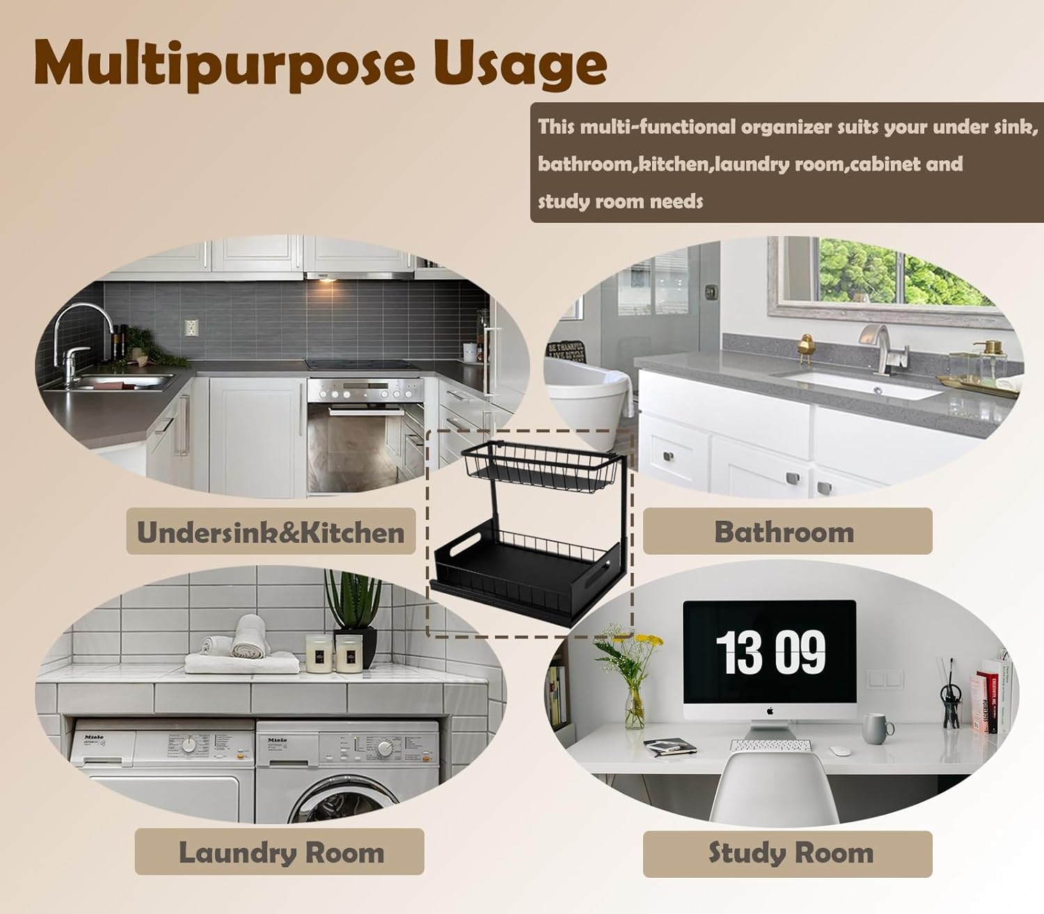 Under Sink Organizer 2 Tier Pull Out Sliding Shelf L-Shape Metal Storage L6918