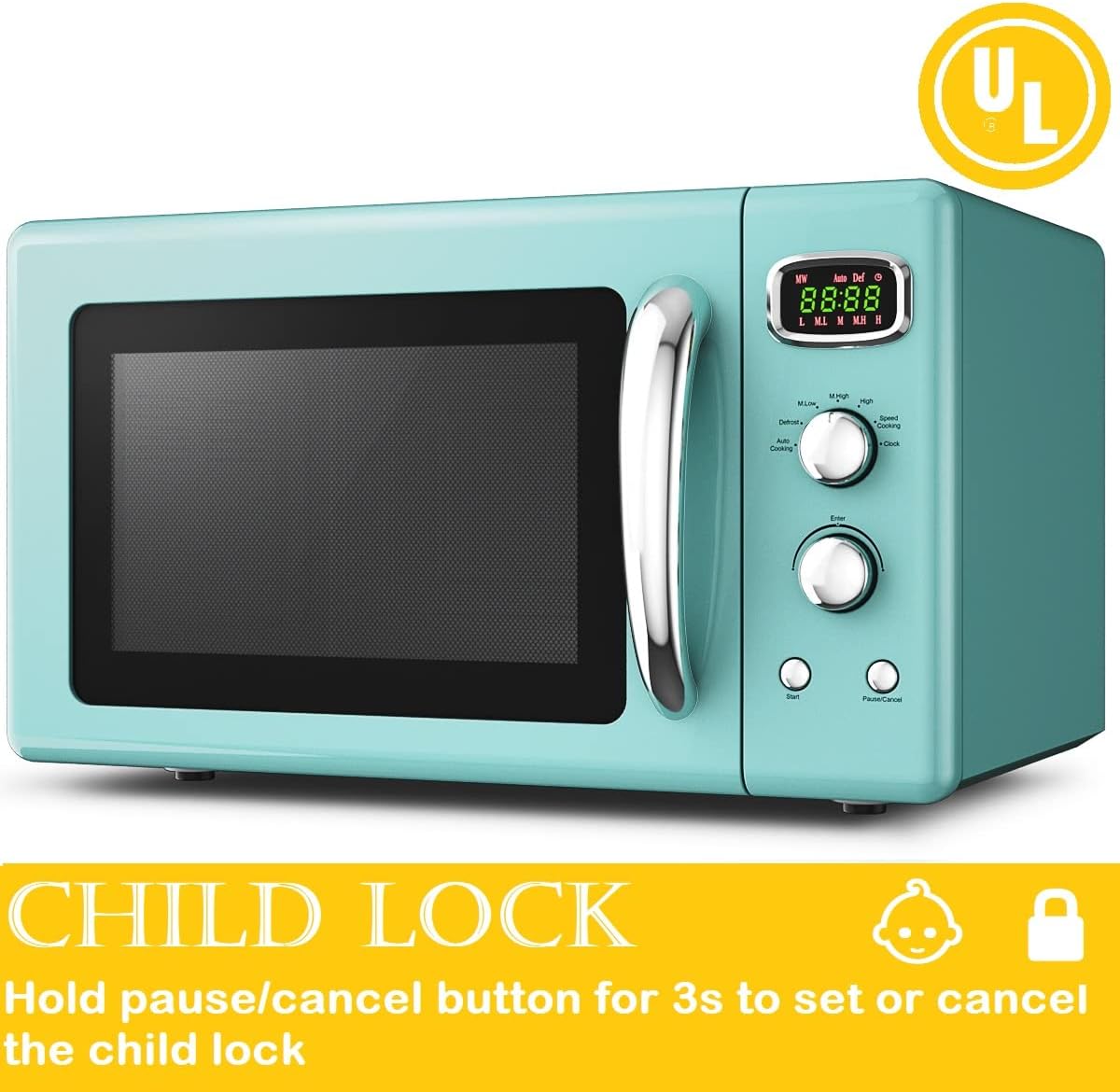 Retro Compact Countertop Microwave Oven, 0.9 cu ft, 900W, Defrost, Auto Cook, LED Display, Child Lock K12982