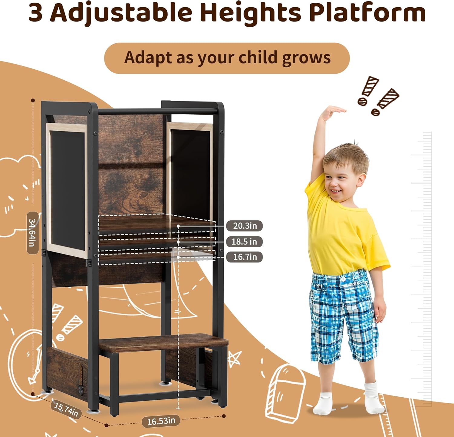Toddler Kitchen Helper Stool with Adjustable Height, 4-in-1 Standing Tower J289