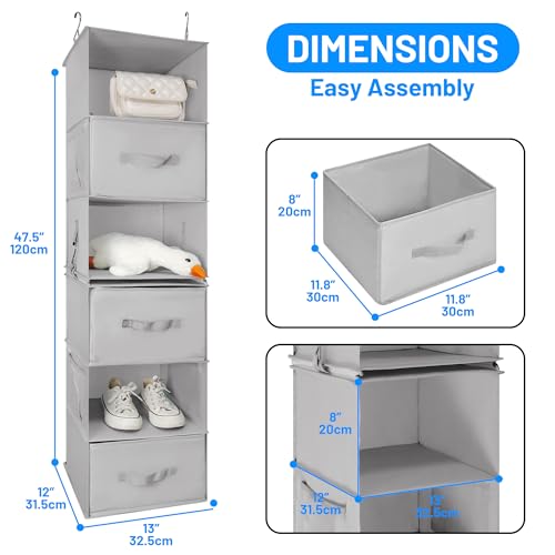 Hanging Closet Organizer, 6-Shelf with 3 Removable Drawers and 4 Side Pockets, Light Gray T21972