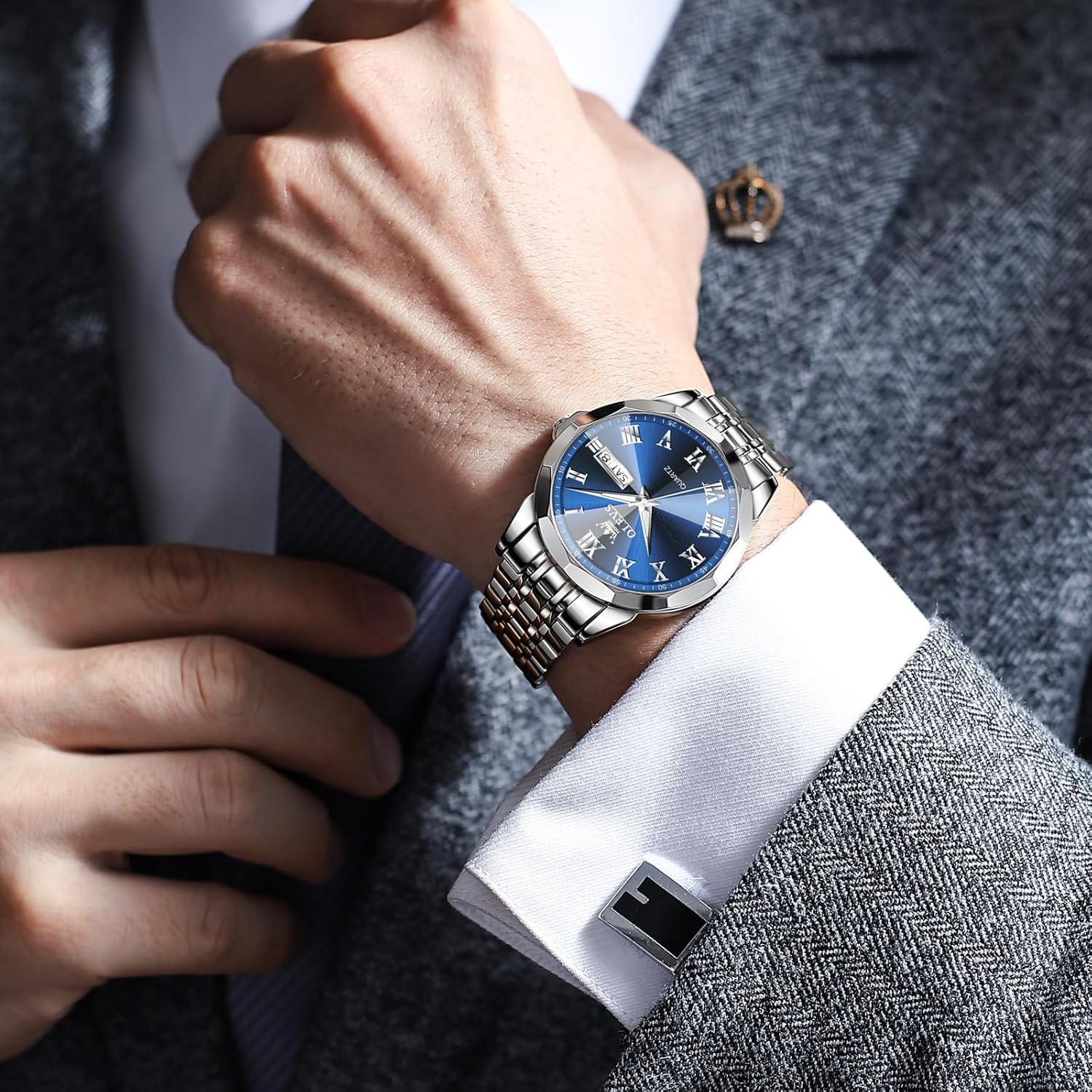 Men's Stainless Steel Watch with Date, Luminous Quartz, Waterproof H7285