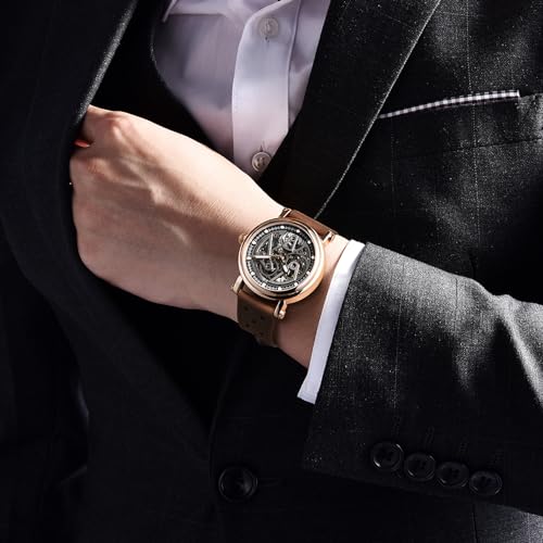 Automatic Watch for Men Black Skeleton Dial 50M Waterproof Leather R84810