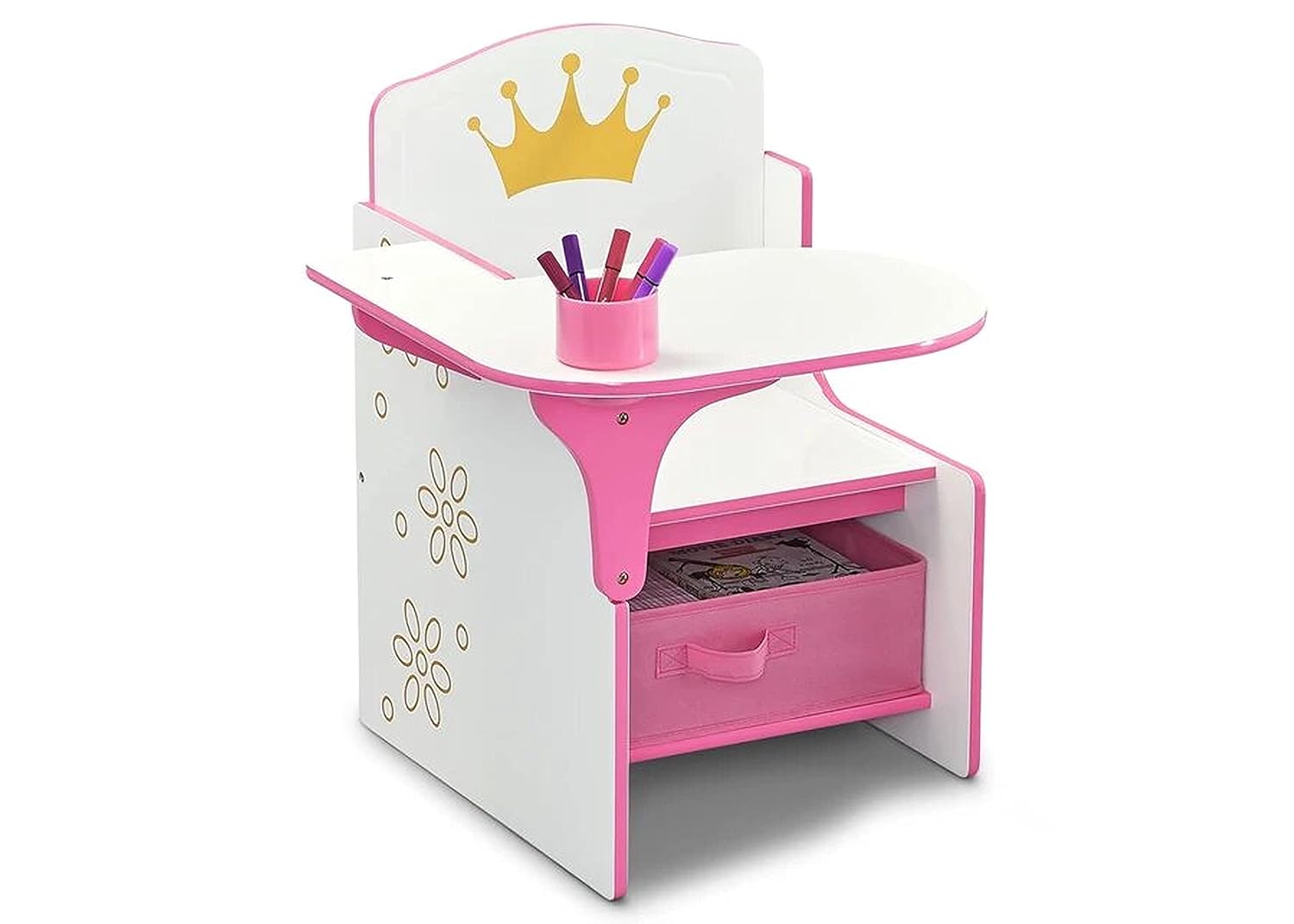 Princess Crown Chair Desk with Storage Bin, White/Pink A9535