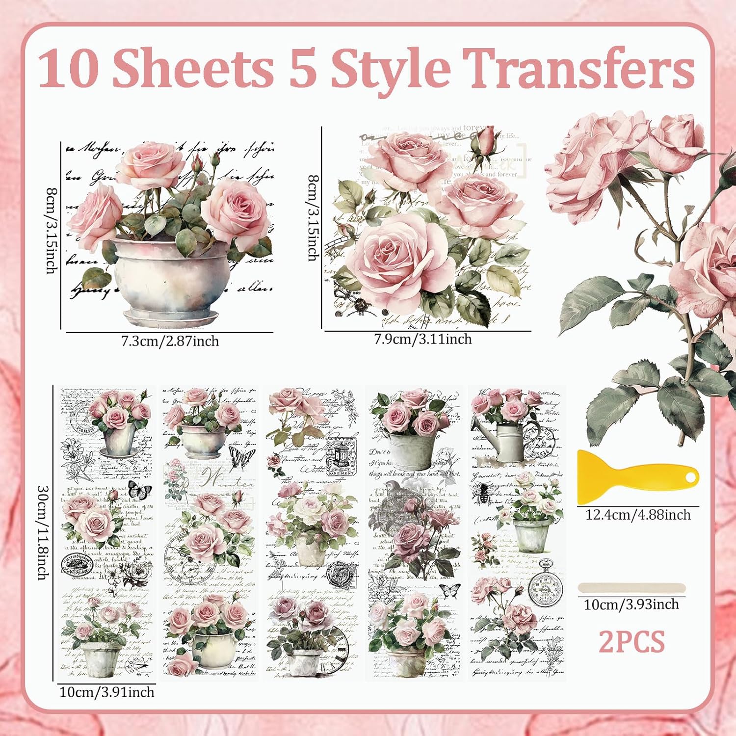 Vintage Pink Rose Rub On Transfer Stickers for DIY Craft C233