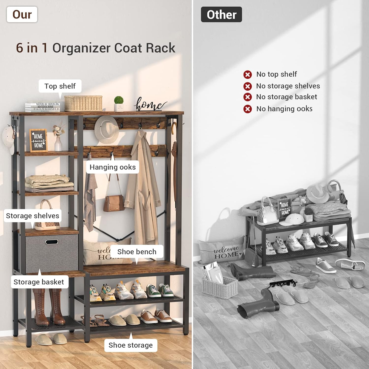 Hall Tree with Storage Bench, Coat Rack, 5-Tier Shelves, Fabric Basket, Rustic Brown F61556