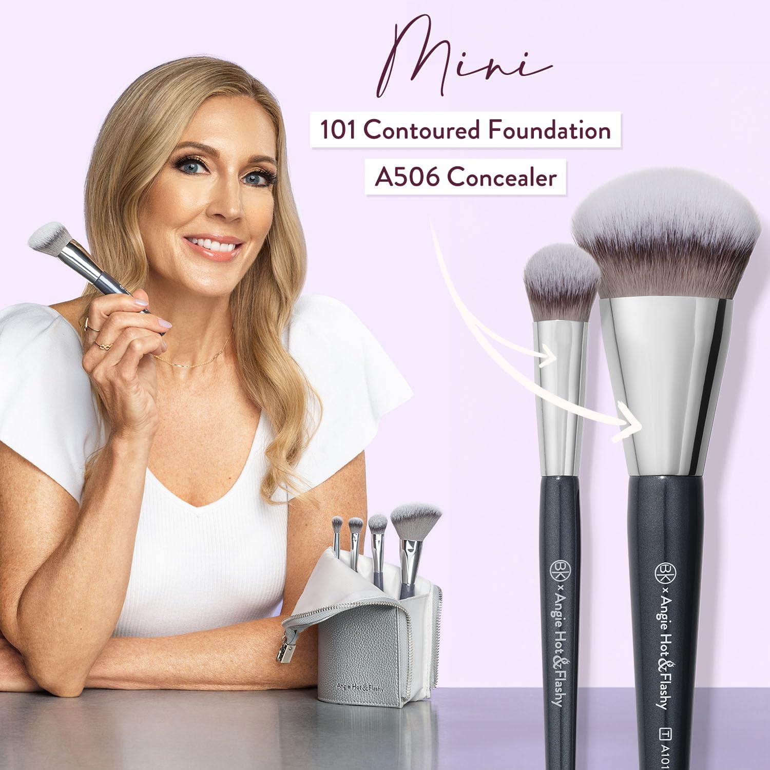Travel Brush Set with Pouch for Foundation, Concealer, Bronzer & Blush W67589