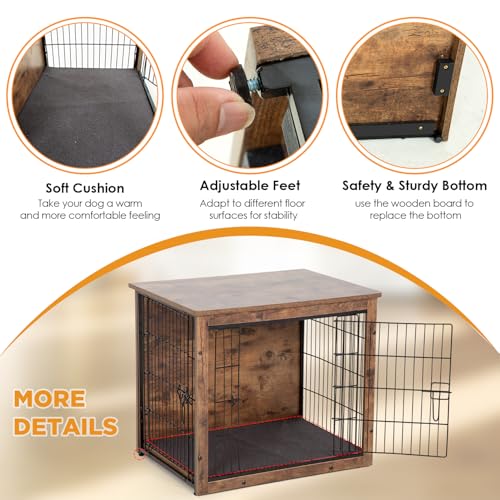 Wooden Dog Crate with Cushion and Double Door for Small and Medium Dogs F575