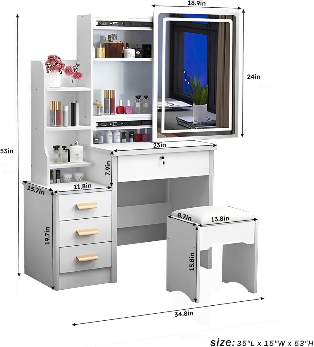 Vanity Desk with Mirror and Lights, Makeup Table with Drawers and Stool Q70965