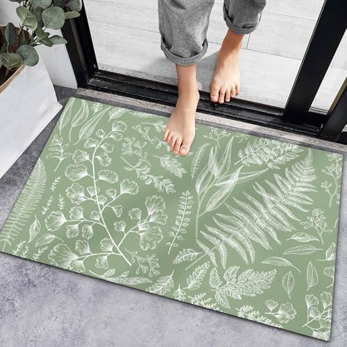 Sage Green Fern Leaf Indoor Door Mat, Non-Slip Entryway Rug, 18x30IN D23888
