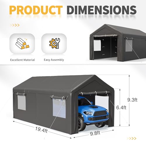 Outdoor Carport 10x20 ft, Portable Garage Canopy with Roll-up Windows and Removable Sidewalls O616