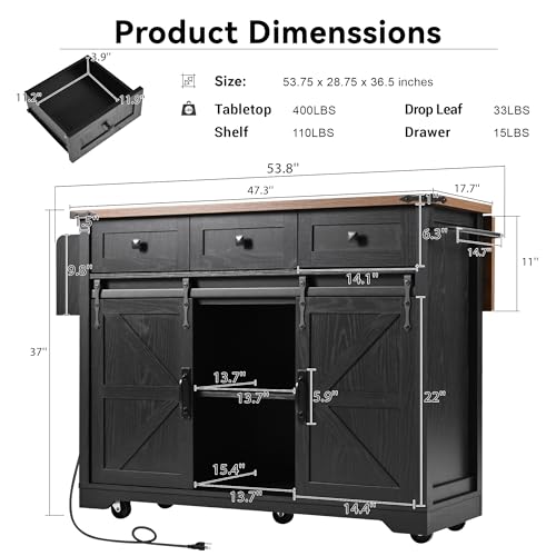 Kitchen Island with Power Outlet and Sliding Barn Doors Y2019