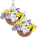 Hotop 2 Pack Artificial Flowers with Hanging Basket, Fake Pansy Flowers Hanging Basket 12 Inch Faux Hanging Plants Coconut Lining Baskets for Summer Garden Home Porch Indoors Outdoors Decoration