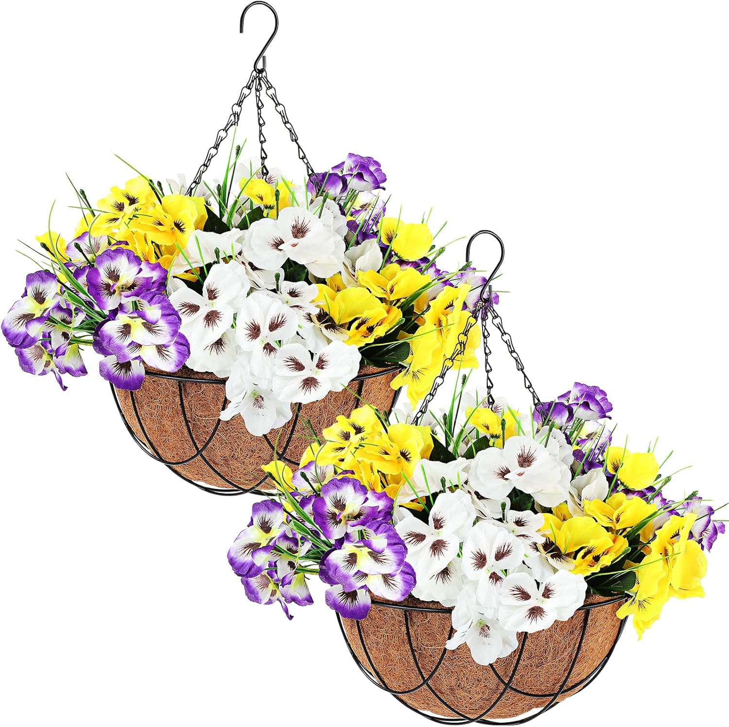 Hotop 2 Pack Artificial Flowers with Hanging Basket, Fake Pansy Flowers Hanging Basket 12 Inch Faux Hanging Plants Coconut Lining Baskets for Summer Garden Home Porch Indoors Outdoors Decoration