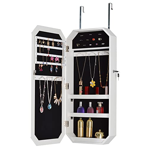 Full Mirror Octagon Storage Mirror Cabinet Door/Wall Mounted Mirror with Jewelry Storage Makeup Mirror Fashion Simple Jewelry Storage Mirror Cabinet for Bathroom Bedroom White