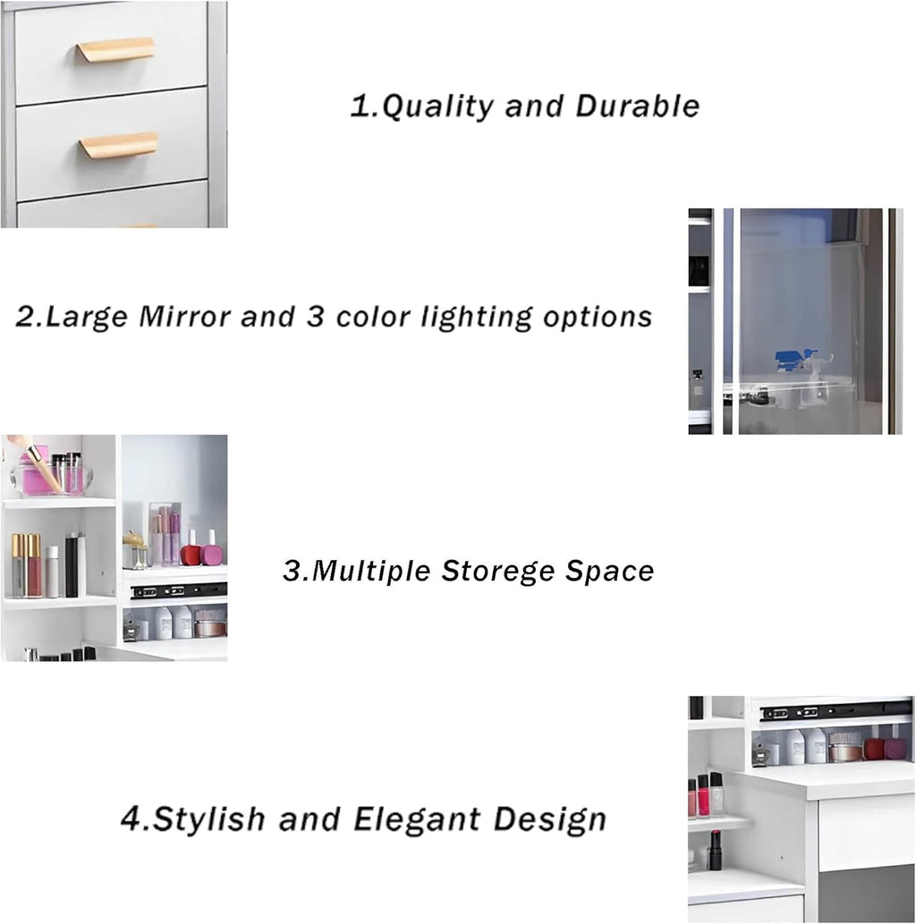 Vanity Desk with Mirror and Lights, Makeup Table with Drawers and Stool Q70965