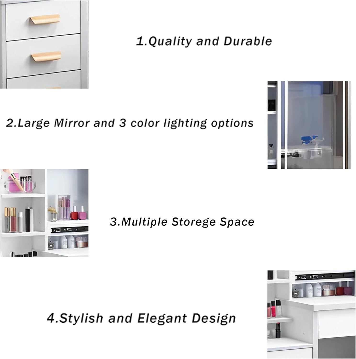 Vanity Desk with Mirror and Lights, Makeup Table with Drawers and Stool Q70965