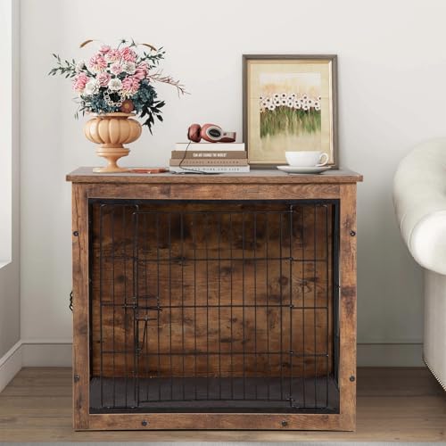 Wooden Dog Crate with Cushion and Double Door for Small and Medium Dogs F575