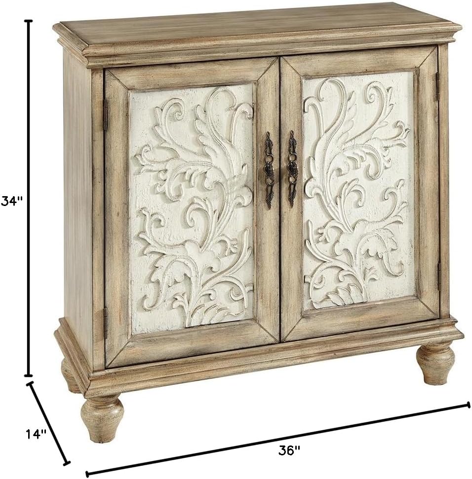 Floral Carved 2-Door Accent Cabinet with Adjustable Shelf, Natural Wood Finish Z9880