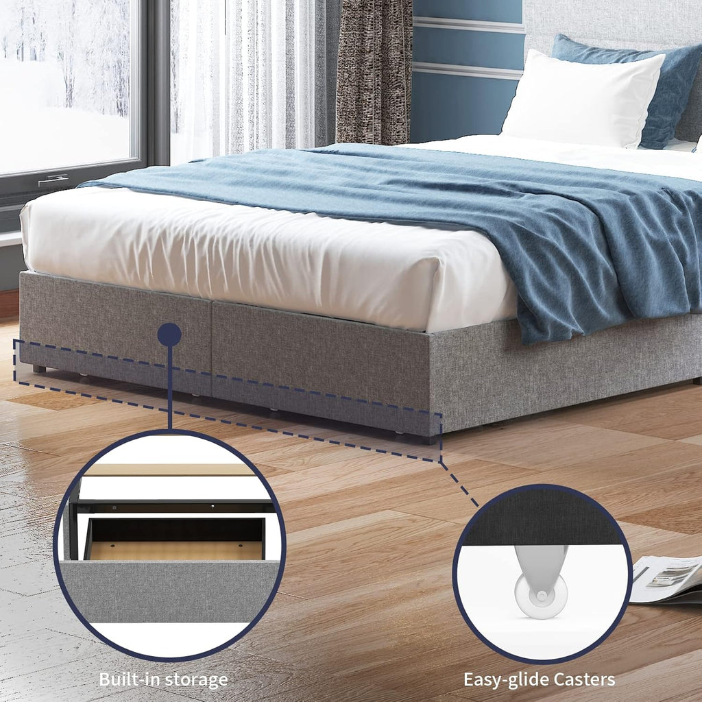 King Bed Frame with 2 Storage Drawers, Linen Headboard, No Box Spring Needed C55509