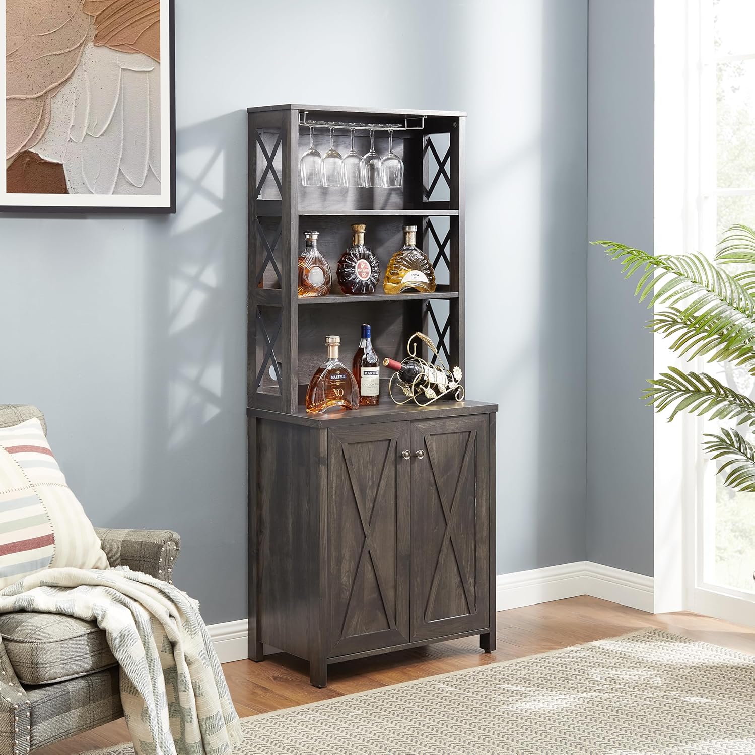 Coffee Bar Cabinet with Microwave Stand, Metal Frame, Hollow Out Barn Design J881