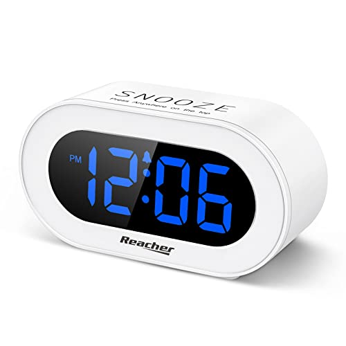 REACHER Small LED Digital Alarm Clock with Snooze, Simple to Operate, Full Range Brightness Dimmer, Adjustable Alarm Volume, Outlet Powered Compact Clock for Bedrooms, Bedside, Desk, Shelf(White)