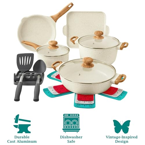 14-Piece Cast Aluminum Cookware Set with Nonstick Coating, Charcoal Speckle P77458