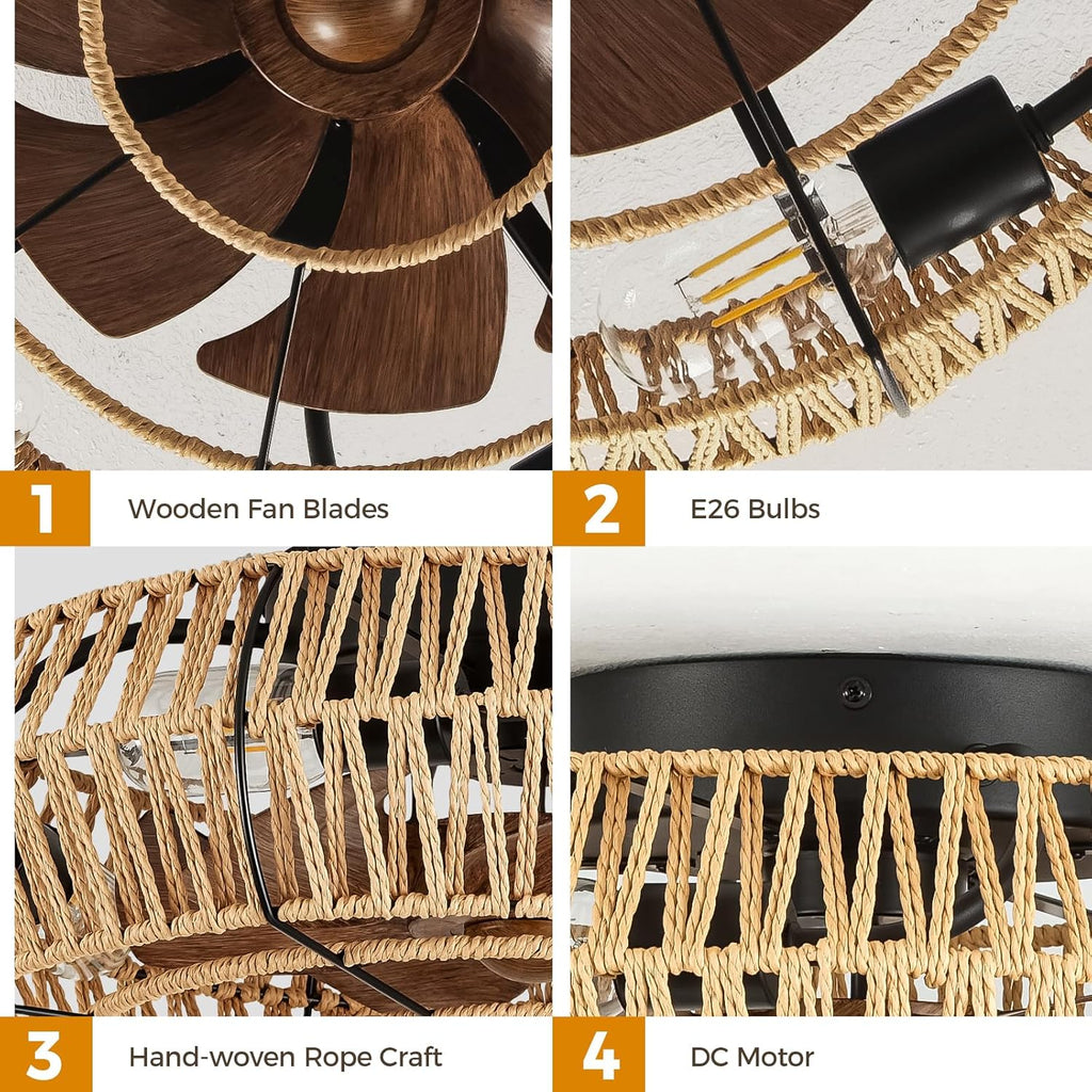 Boho Ceiling Fan with Lights - 20 Inch Flush Mount with Remote, Rattan Caged Design for Bedroom Living Room E9730