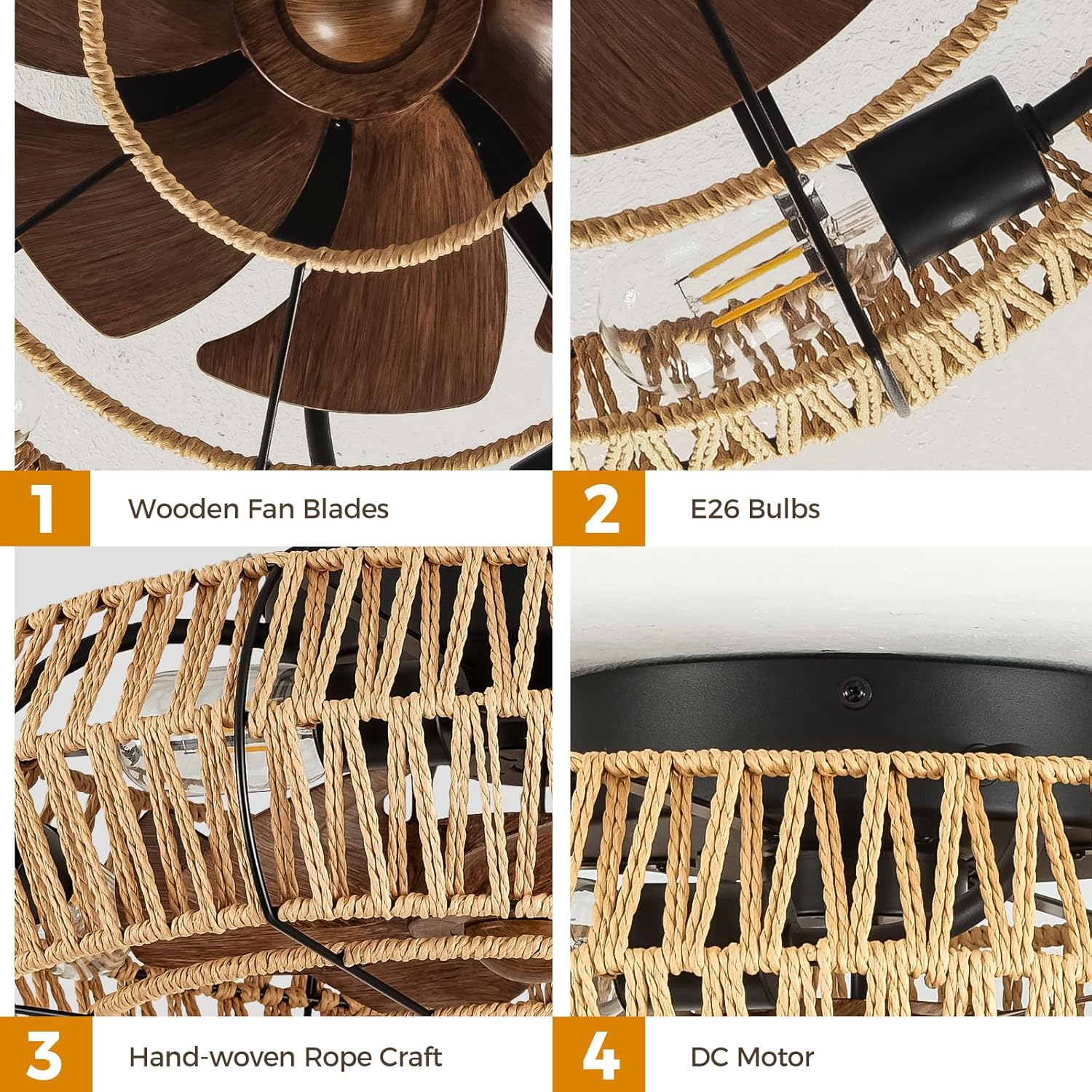 Boho Ceiling Fan with Lights - 20 Inch Flush Mount with Remote, Rattan Caged Design for Bedroom Living Room E9730