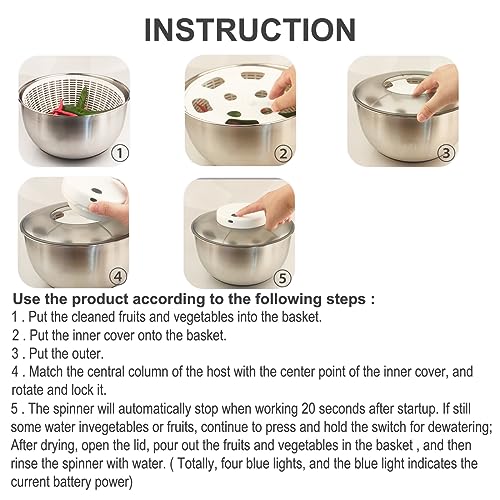 Automatic Electric Salad Spinner, 5L Type-C Rechargeable, Stainless Steel G75686