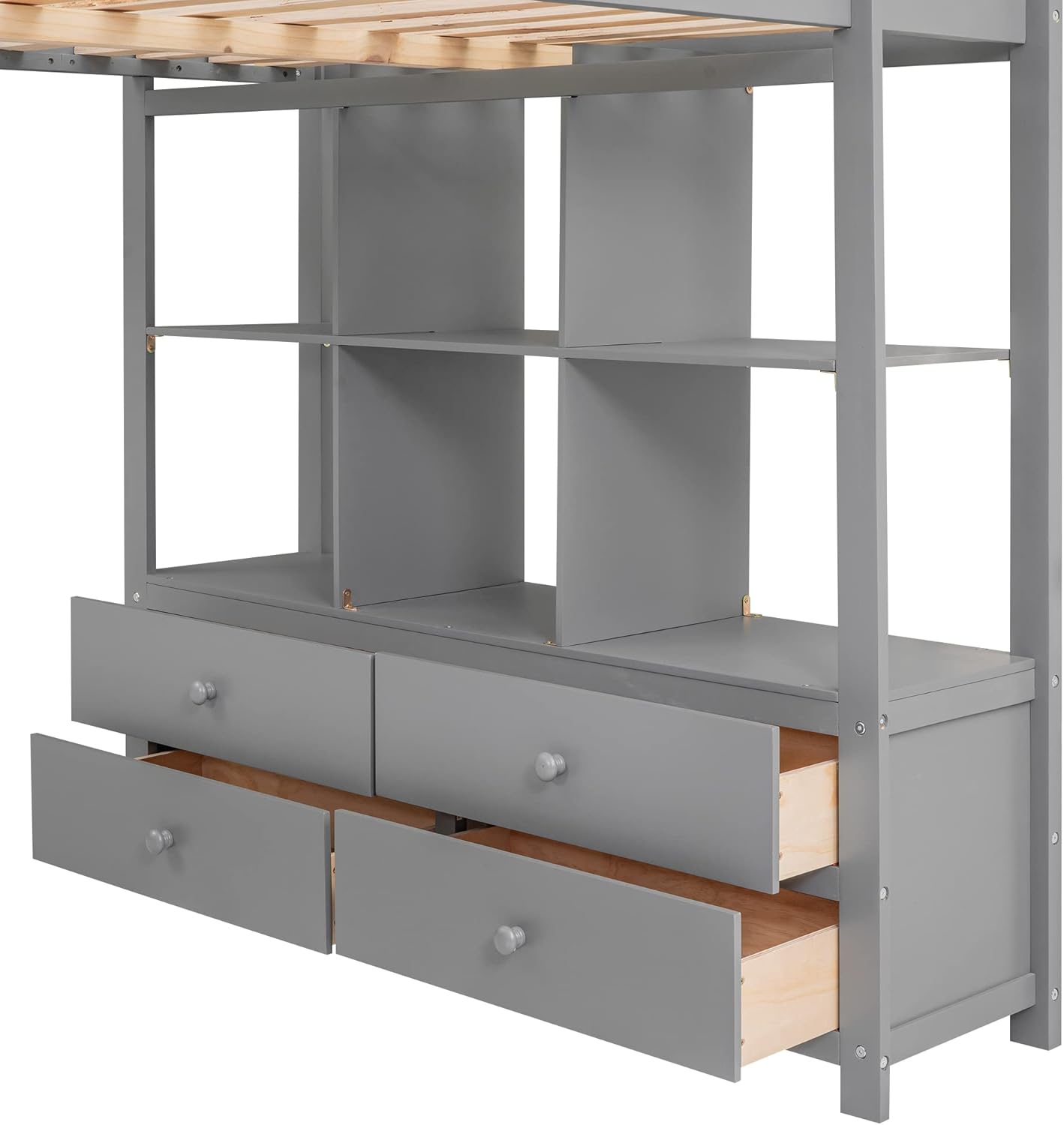 Full Size Loft Bed with Desk and 2 Drawers, Solid Wood, Grey W2237