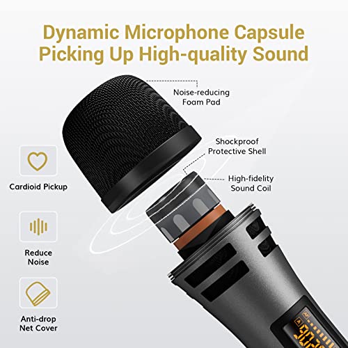 Wireless Microphone System, UHF Dual Karaoke Mic with Rechargeable Receiver A423