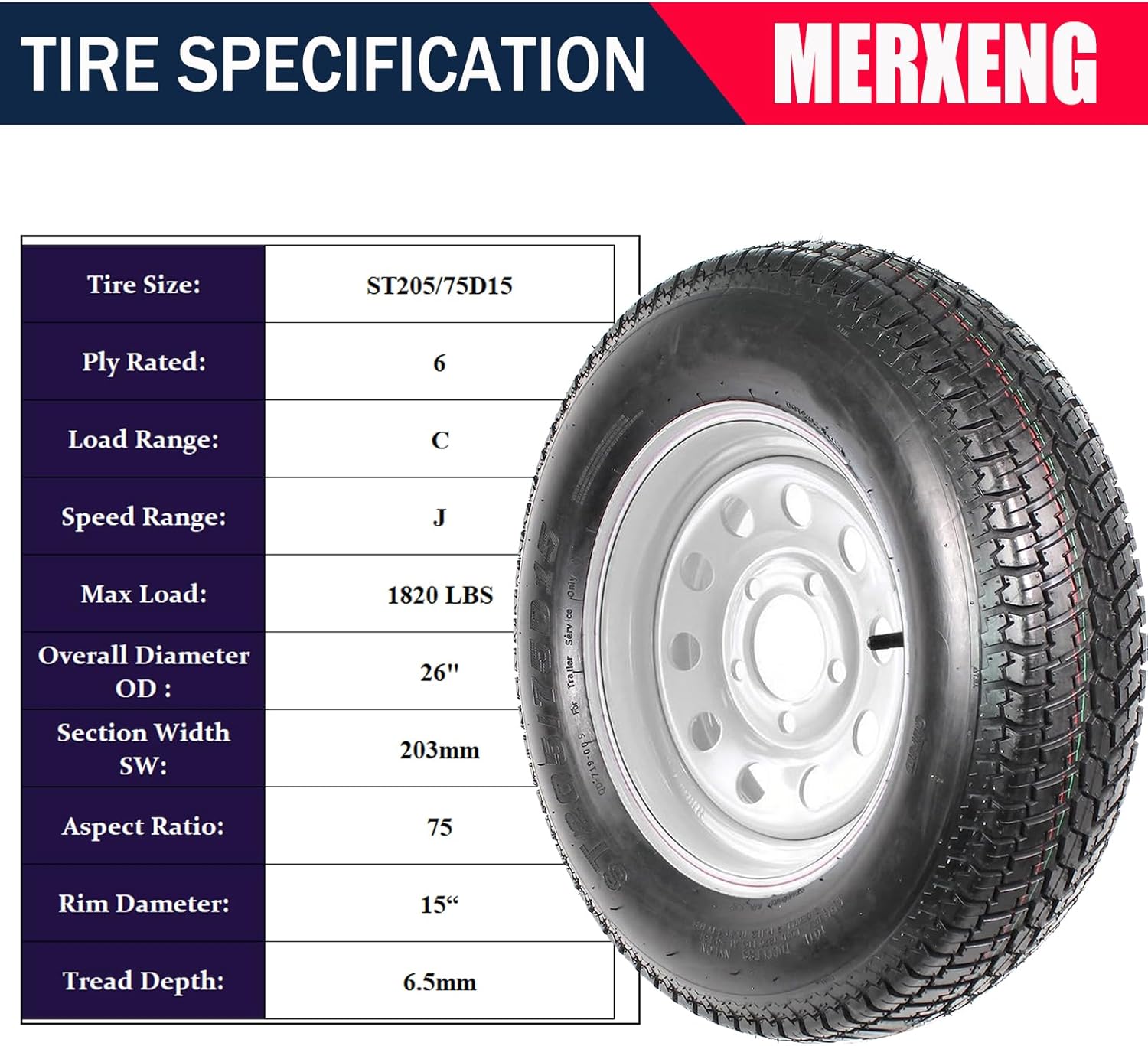 ST205/75D15 Trailer Tires, 5 Lug, 6PR Load Range C, 15in, Pack of 2 P853049