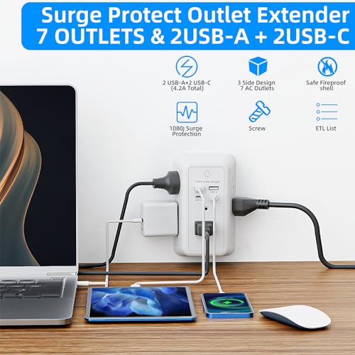 Wall Charger Surge Protector with Night Light, 2 USB-C and 2 USB Ports, 3-Sided Outlet Extender V667