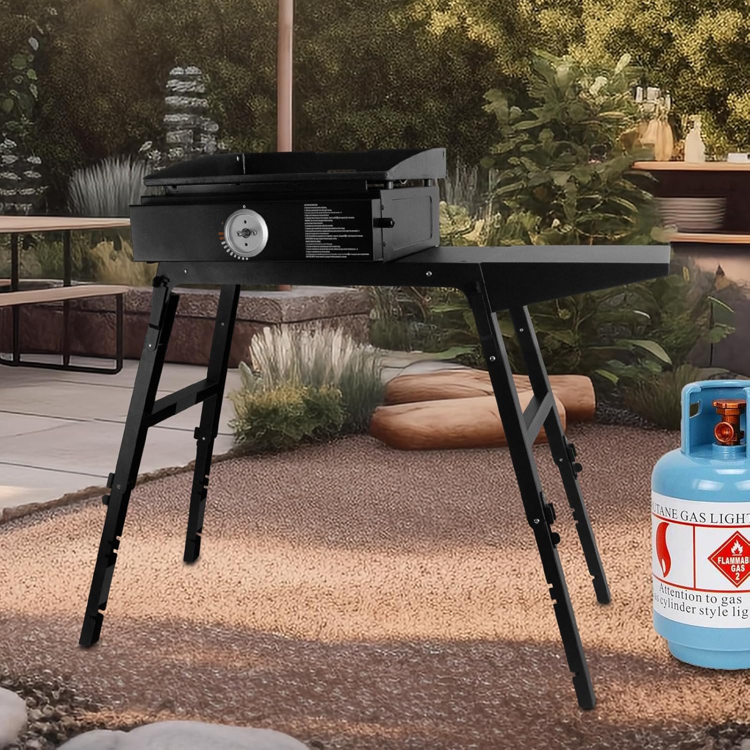 Portable Griddle Stand for Table Top Grill, Outdoor Camping Cooking Station with Side Shelf R5689