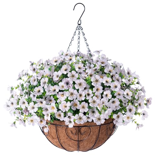 Artificial Fake Hanging Plants Flowers Basket for Outdoor Outside Porch Summer Decoration, Faux Silk Hotpink Dasiy UV Resistant Realistic in Planter for Home Patio Garden Yard