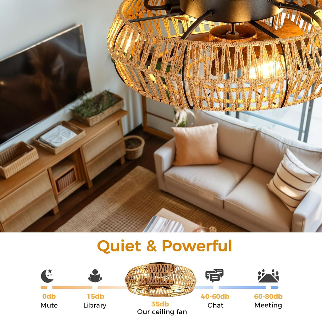 Boho Ceiling Fan with Lights - 20 Inch Flush Mount with Remote, Rattan Caged Design for Bedroom Living Room E9730
