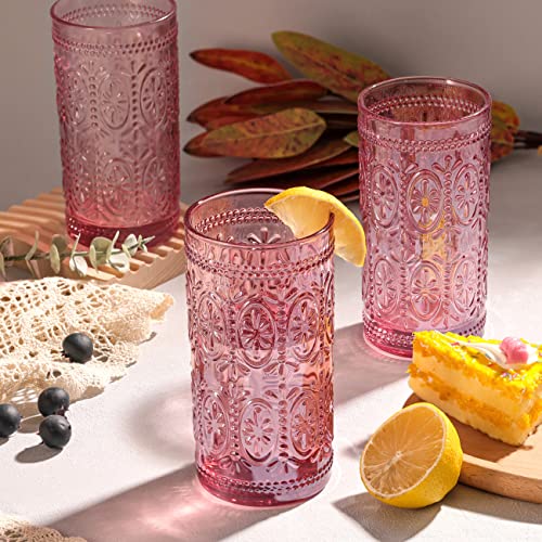 6 Pack Pink Glassware Drinking Glasses, 12oz Embossed Highball Cups H39781