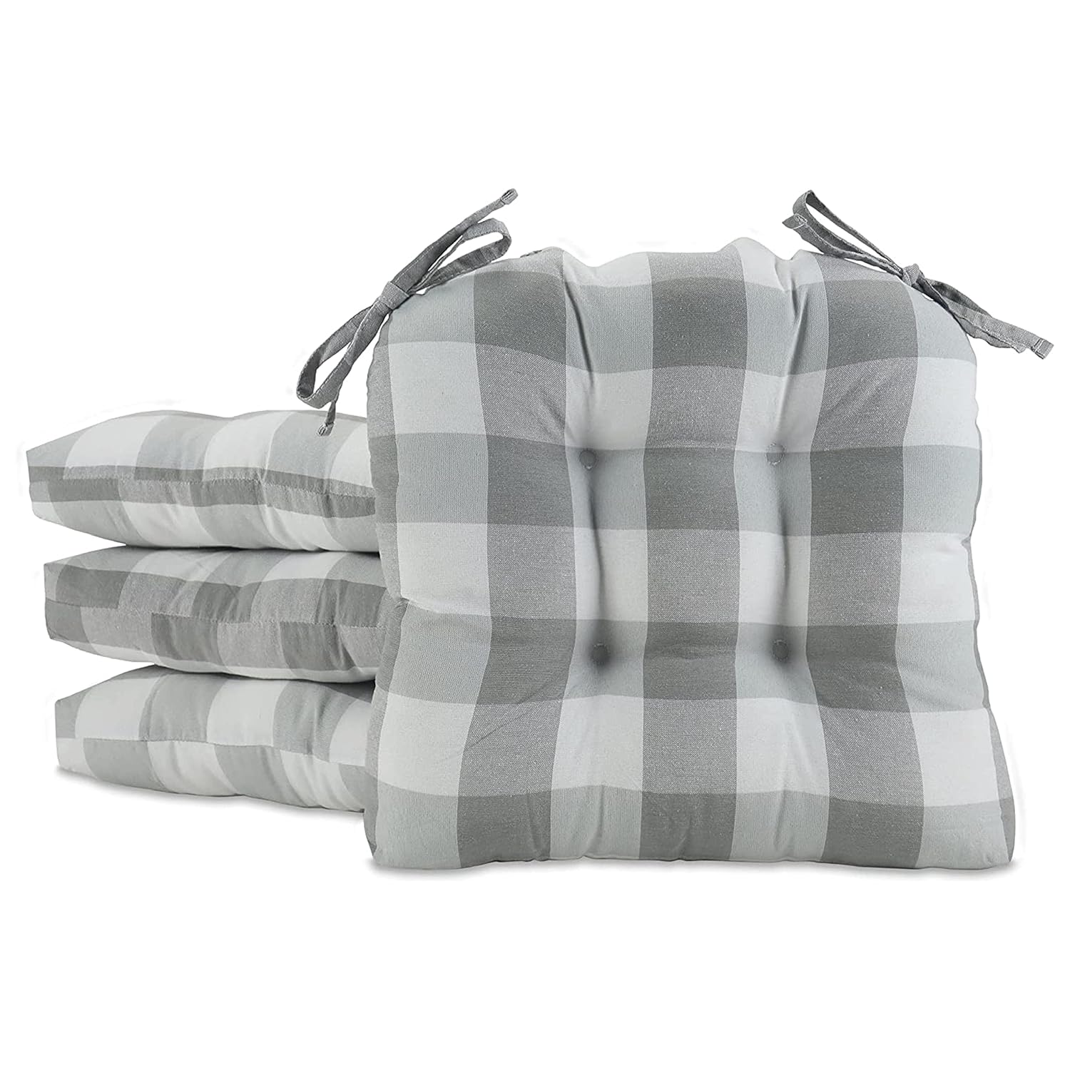 – Fiber Filled Premium Chair Pads - Chair Pads with Tiebacks –14” L X 15” W – Gray - Set of 4
