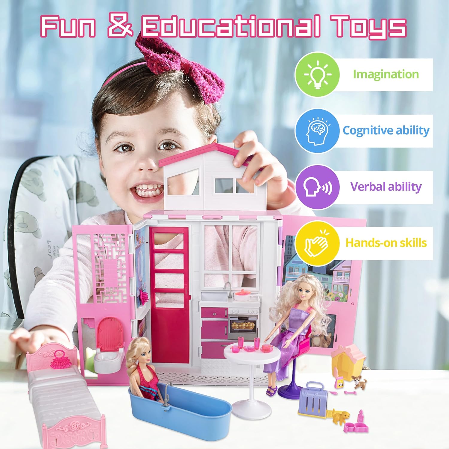 Doll House for 12" Dolls, 2-Story Portable Dollhouse with Loft and Furniture A509387