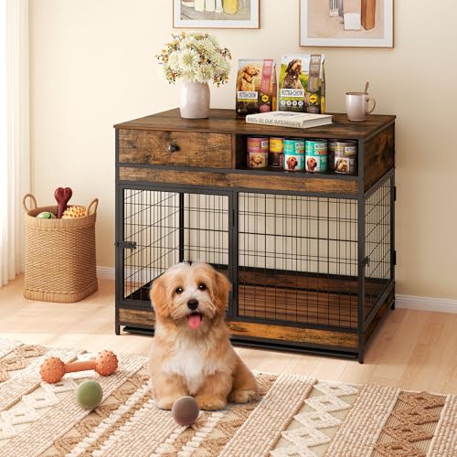 Dog Crate Furniture with Storage Drawer, Double Doors, Rustic Brown F932213