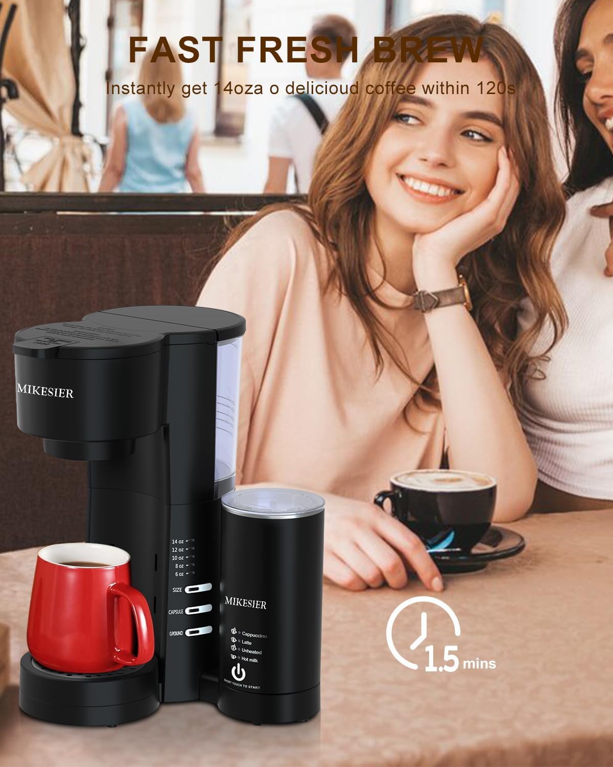 Single Serve Coffee Maker with Milk Frother, 6 to 14oz Brew Size R364