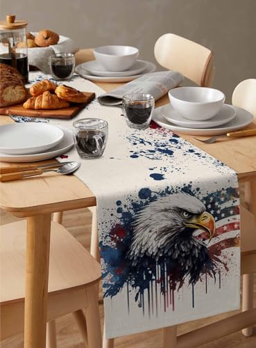 Cotton and Linen Table Runner 13 x 90 Inches, USA Flag Watercolor Style U630
