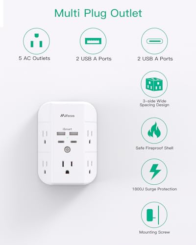 Surge Protector Outlet with 4 USB Ports, 3-Sided Power Strip Wall Charger M301