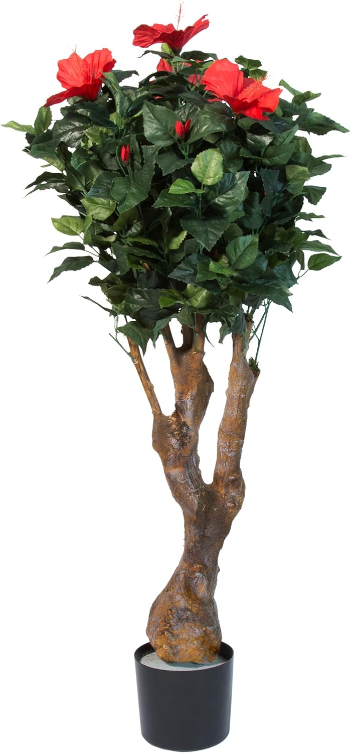 Artificial Hibiscus Plant - 48-Inch Fake Tree with UV-Resistant Leaves and Pink Flowers for Indoor, Outdoor, or Patio Decor by Pure Garden