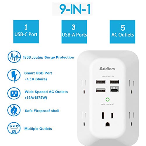 USB Wall Charger Surge Protector, 5 Outlet Extender with 4 USB Ports Y6391